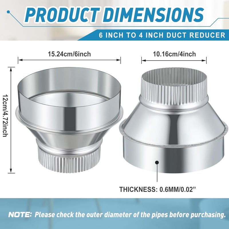 Otoolling 6 Inch to 4 Inch Duct Reducer Increaser Galvanized Steel Air Duct Adapter Round Crimped Pipe Connector Fitting Coupling for HVAC Ventilation Systems - Image 2
